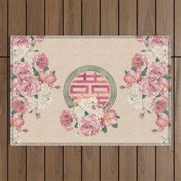 Watercolor Double Happiness Symbol with  Peony flowers Outdoor Rug