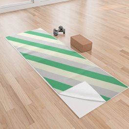 [ Thumbnail: Beige, Light Grey & Sea Green Colored Lined Pattern Yoga Towel ]