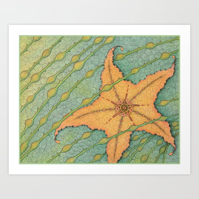 Single orange star fish in the seaweed Art Print