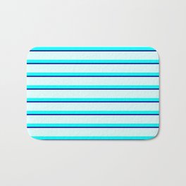 [ Thumbnail: Cyan, Dark Blue, and Light Cyan Colored Stripes Pattern Bath Mat ]