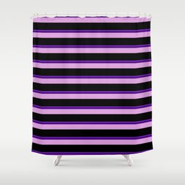 [ Thumbnail: Purple, Indigo, Plum, and Black Colored Lined Pattern Shower Curtain ]