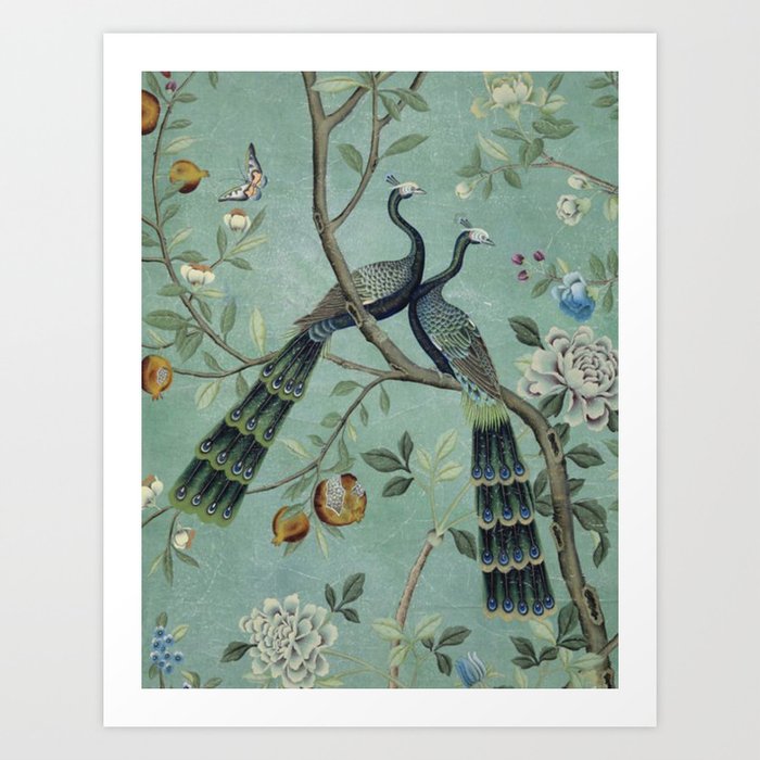 A Teal of Two Birds Chinoiserie Art Print by The Chinoiserie
