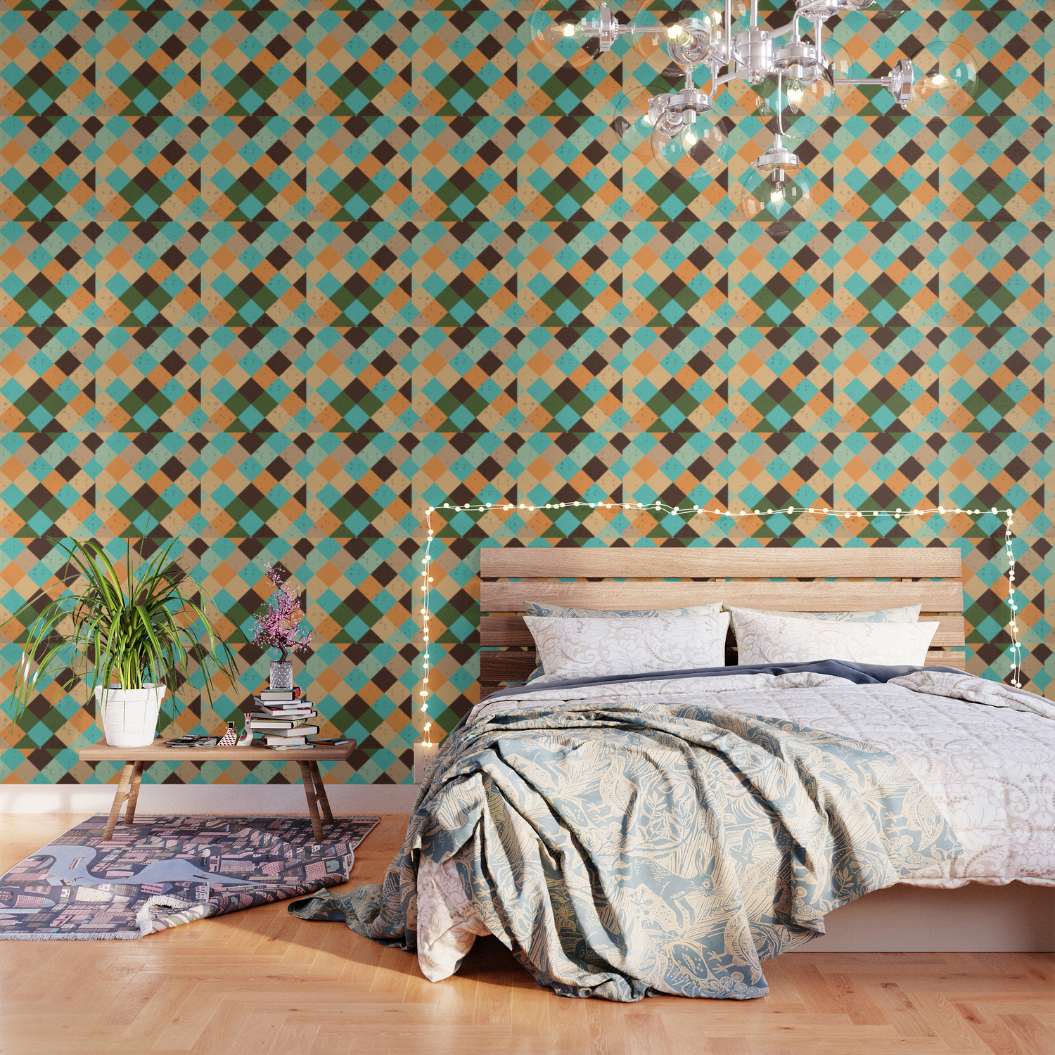 retro vintage olive green orange beige brown teal green aqua blue turquoise  geometric argyle pattern Wallpaper by IamTrending | Society6
