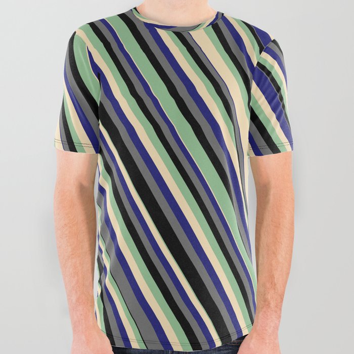 Eye-catching Dark Sea Green, Tan, Midnight Blue, Dim Gray & Black Colored Lines Pattern All Over Graphic Tee