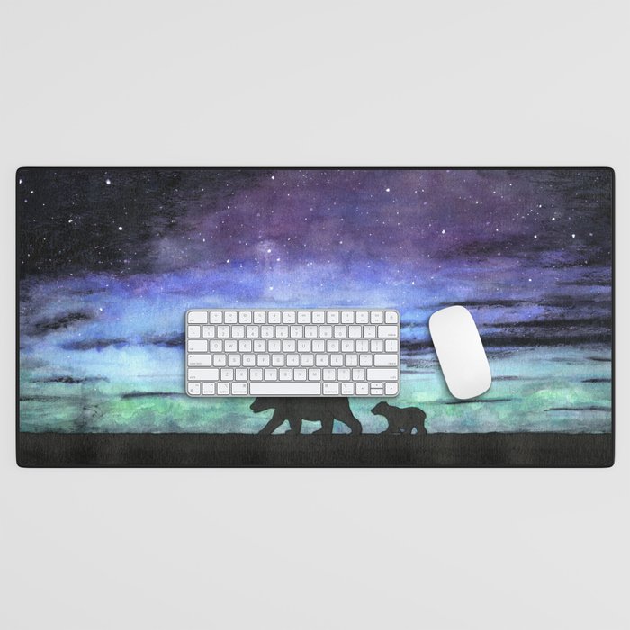 Aurora borealis and polar bears black version Desk Mat by