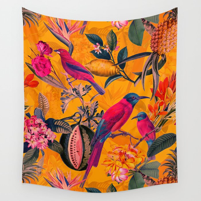 Vintage And Shabby Chic Colorful Summer Botanical Jungle Garden Wall Tapestry