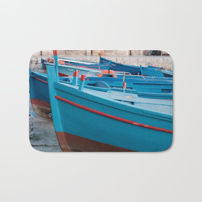White Town Monopoli Italy With Blue Boats at the Seaport Bath Mat