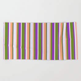 [ Thumbnail: Green, Light Salmon, Lavender & Dark Orchid Colored Stripes Pattern Beach Towel ]