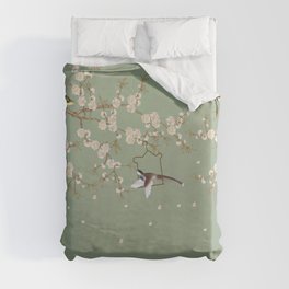 Chinoiserie Sage Green Cherry Blossom Bird Garden Duvet Cover