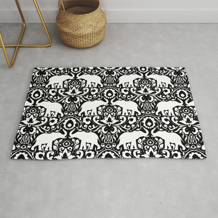 Elephant Damask Black and White Rug by Jacqueline Maldonado Society6
