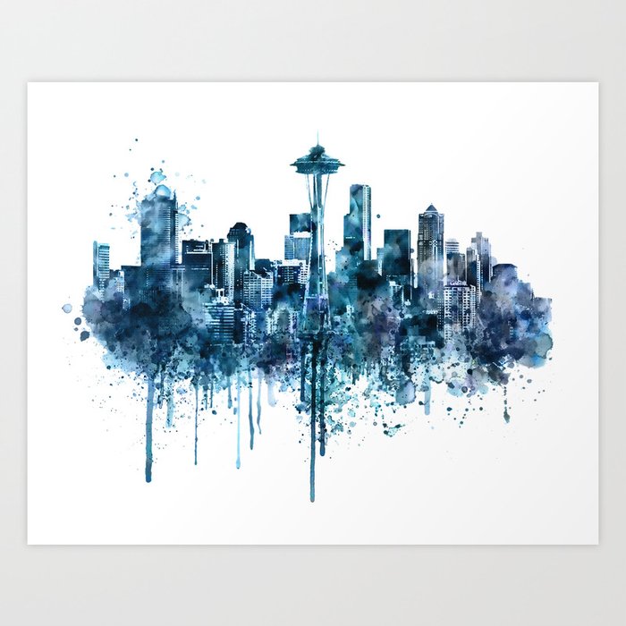 Seattle Skyline monochrome watercolor Art Print