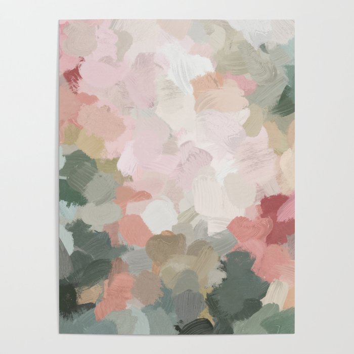 Time to Bloom - Forest Green Fuchsia Blush Pink Abstract Flower Spring Painting Art Poster