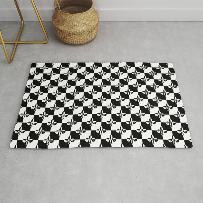 Black and White Checkerboard Checked Squares with French Fleur de Lis Rug