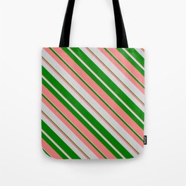 [ Thumbnail: Light Grey, Green & Light Coral Colored Lines/Stripes Pattern Tote Bag ]