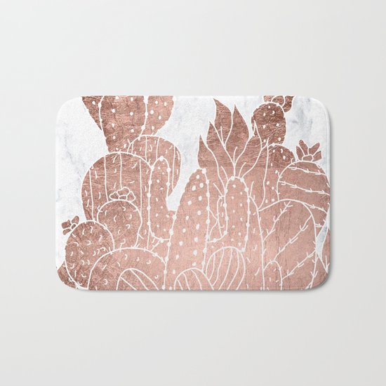 Modern faux rose gold cactus hand drawn pattern illustration white marble Bath Mat