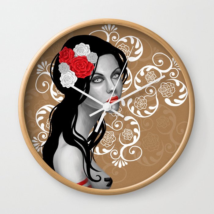 Goth Girl with Flowers in her Hair Wall Clock
