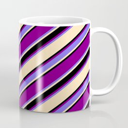 [ Thumbnail: Purple, Medium Slate Blue, Beige, and Black Colored Striped/Lined Pattern Coffee Mug ]