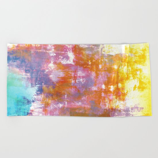 OFF THE GRID 3 Colorful Pastel Neon Purple Rust Yellow Abstract Watercolor Acrylic Textural Painting Beach Towel