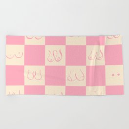 Retro Pink Gingham Boobs Drawing Beach Towel
