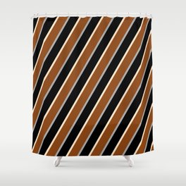 [ Thumbnail: Brown, Dark Grey, Black, and Bisque Colored Lines/Stripes Pattern Shower Curtain ]