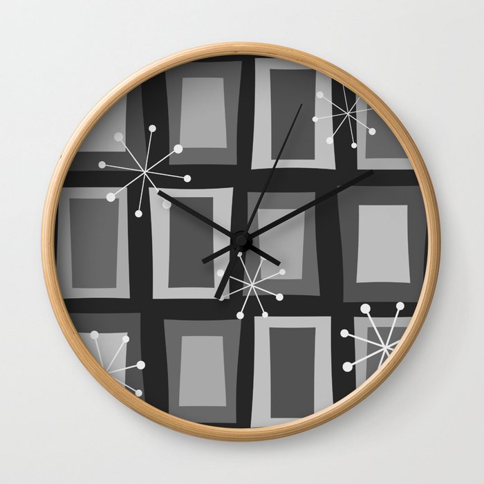 Mid Century Modern Art 'Wonky Doors' Grayscale 1 Wall Clock