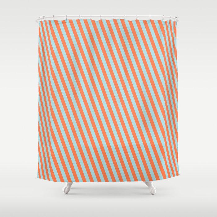 Coral and Powder Blue Colored Lined/Striped Pattern Shower Curtain
