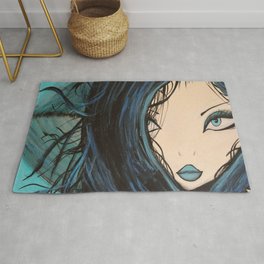 Blue and Black Hair Girl Mermaid Painting by Jodi Tomer. Figurative Abstract Pop Art. Rug