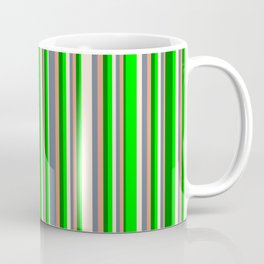 [ Thumbnail: Eyecatching Lime, Green, Dark Salmon, Slate Gray & Beige Colored Striped/Lined Pattern Coffee Mug ]