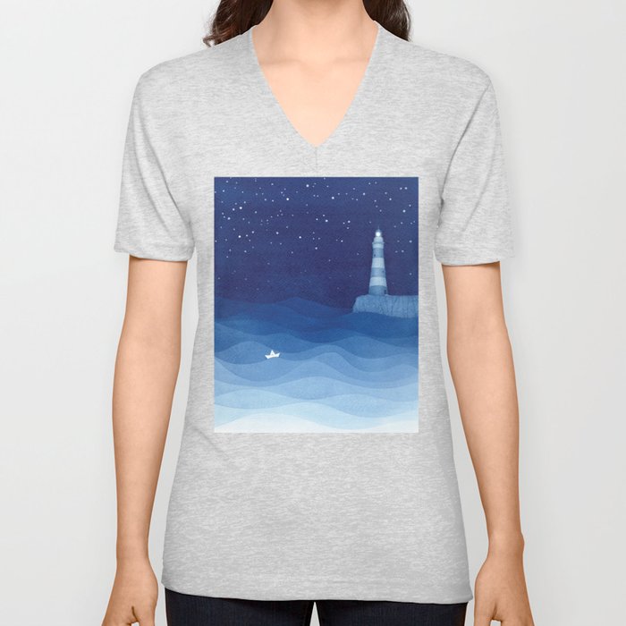 Lighthouse & the paper boat, blue ocean V Neck T Shirt