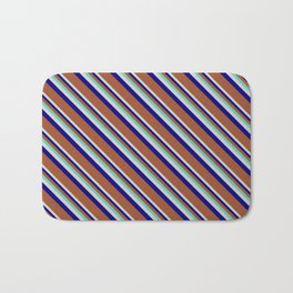 [ Thumbnail: Aquamarine, Light Gray, Blue, and Sienna Colored Striped/Lined Pattern Bath Mat ]