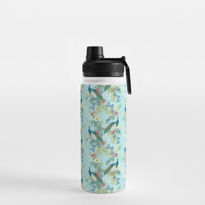 Peacock Floral Botanical Vertical Stripe Print // Teal, Green, Gold, Blue, Pink // Large Water Bottle