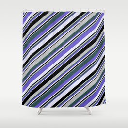 [ Thumbnail: Eyecatching Grey, Dark Slate Gray, Slate Blue, Lavender, and Black Colored Lines/Stripes Pattern Shower Curtain ]