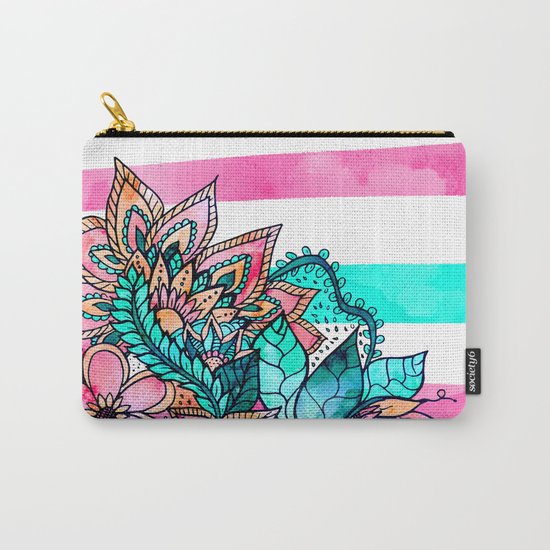 Floral watercolor modern pink teal stripes Carry-All Pouch