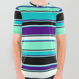 [ Thumbnail: Mint Cream, Dark Turquoise, Indigo, Aquamarine, and Black Colored Striped/Lined Pattern All Over Graphic Tee ]