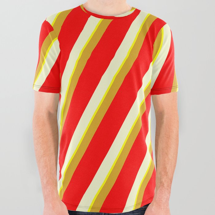 Goldenrod, Red, Light Yellow & Yellow Colored Striped/Lined Pattern All Over Graphic Tee
