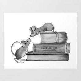 Mice Playing on Books, Fantasy Art, Pencil Art Print