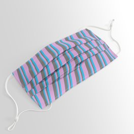 [ Thumbnail: Plum, Dim Gray, and Deep Sky Blue Colored Striped Pattern Face Mask ]