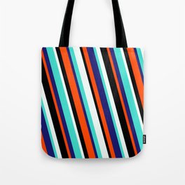 [ Thumbnail: Vibrant Mint Cream, Turquoise, Midnight Blue, Red & Black Colored Lines/Stripes Pattern Tote Bag ]