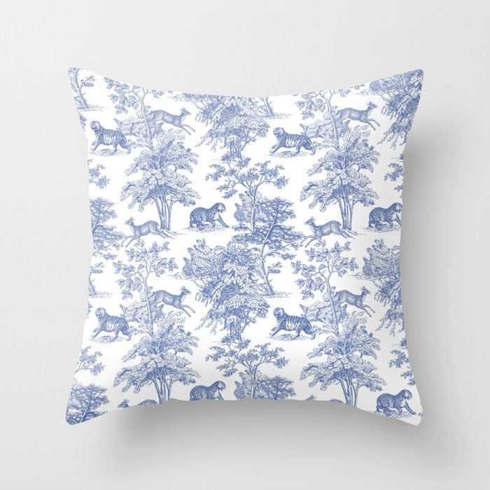Toile de Jouy Vintage French Exotic Jungle Forest Navy Blue & White Throw Pillow