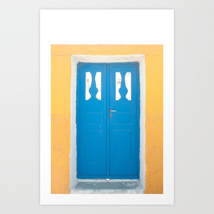 Yellow meets Blue Door in Santorini #1 #wall #art #society6 Art Print