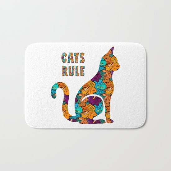 Cats Rule Silhouette With Hibiscus Flowers Bath Mat