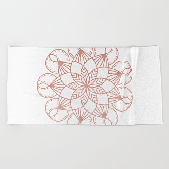 Mandala Flowery Vine Rose Gold on White Beach Towel