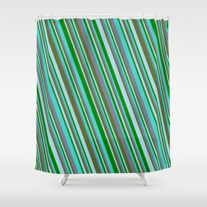 Turquoise, Slate Gray, Dark Olive Green, Light Blue, and Green Colored Striped/Lined Pattern Shower Curtain