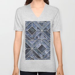 Arctic Blue Art Deco Inspired Gemstone Marble Stained Glass Design V Neck T Shirt