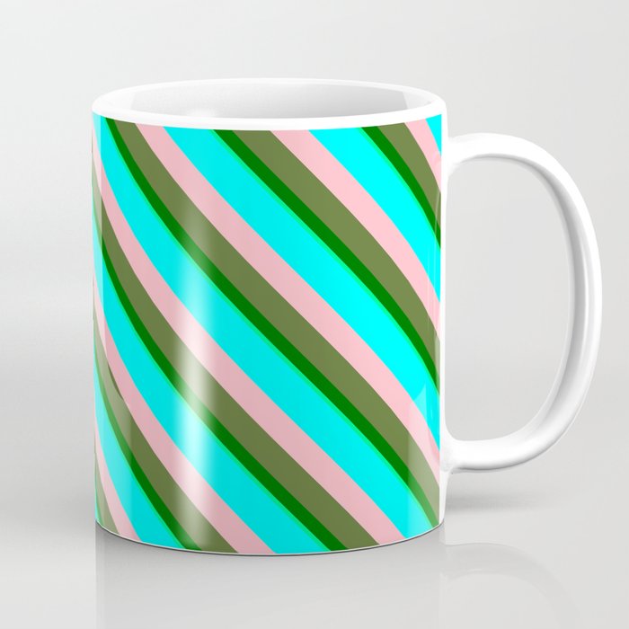 Eye-catching Aqua, Light Pink, Dark Olive Green, Dark Green & Green Colored Stripes/Lines Pattern Coffee Mug
