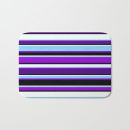 [ Thumbnail: Vibrant Light Sky Blue, Dark Violet, Indigo, Black, and Mint Cream Colored Striped Pattern Bath Mat ]