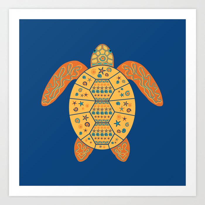 Sea Turtle - Gold and Blue Art Print