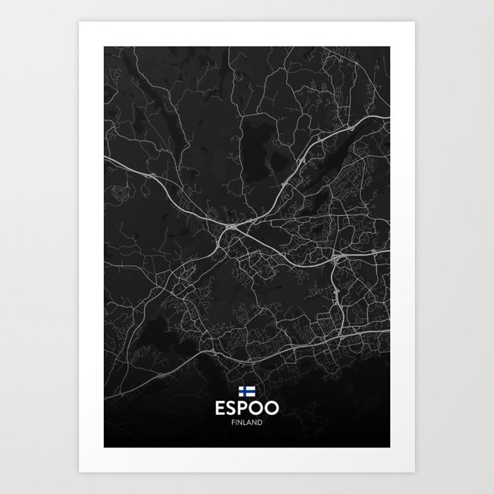Espoo, Finland - Dark City Map Art Print