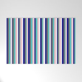 [ Thumbnail: Eye-catching Dark Blue, Dim Gray, Turquoise, Pink, and White Colored Lined/Striped Pattern Welcome Mat ]