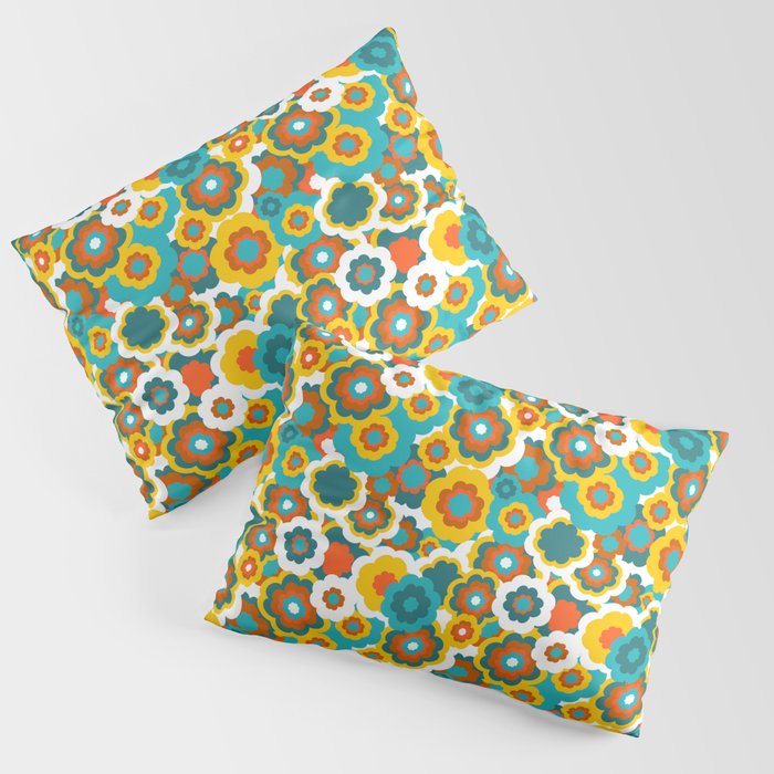 Retro 70s Bold Large-Scale Flowers with Teal, Orange and Yellow Pillow Sham